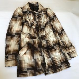 Ambition Ruffle winter Coat Brown and Black Plaid fitted waist Size S